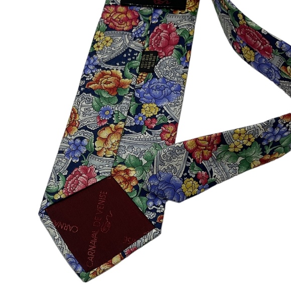 CARNAVAL DE VENISE Blue/Gray Floral Silk LUXURY Tie HANDMADE ITALY - Picture 2 of 5